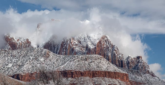 Fresh snow has fallen in Zion Canyon at at Zion National Park, Utah