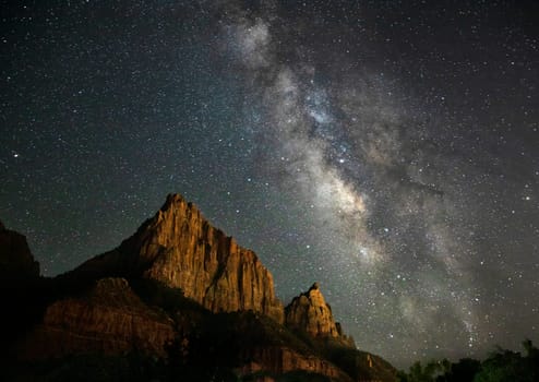 The Milky EWay appears over the Watchman at Zion National Park, Utah