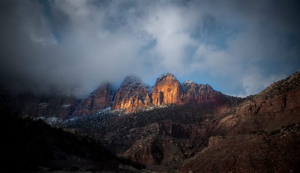 Fresh snow has fallen during winter at Zion Canyon at Zion National Park, Utah