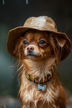 A carnivorous dog breed, the small brown fawncolored dog with a hat and collar is a working animal with whiskers and a friendly smile, known as a companion dog