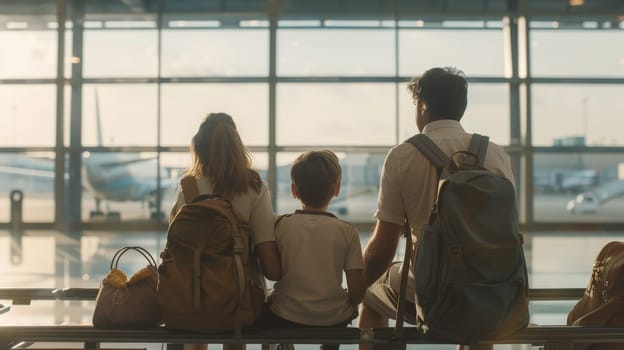 family travel trip, Family waiting in airport terminal, Generative AI.