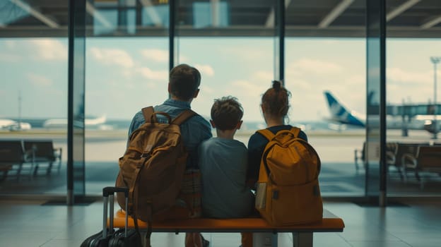 family travel trip, Family waiting in airport terminal, Generative AI.