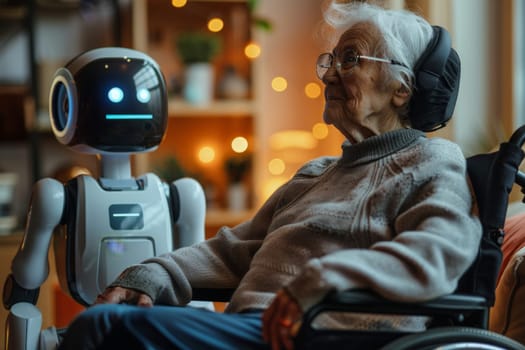 Robot taking care of the elderly in a nursing home, Generative AI.