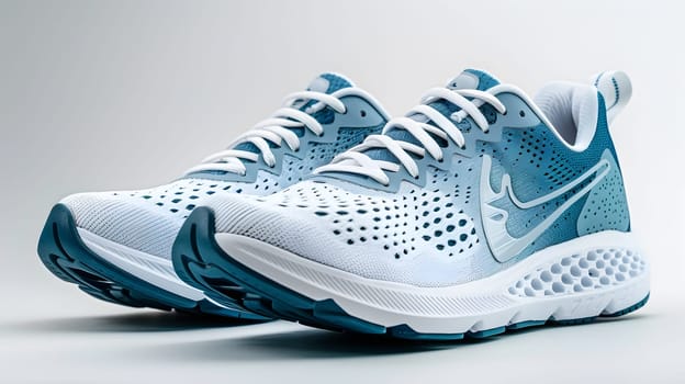 A pair of electric blue and white Nike running shoes, made of composite material, featuring a striking pattern on a white surface