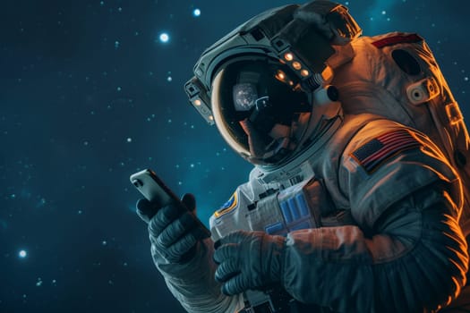 Astronaut using mobile phone in space, Generative AI.