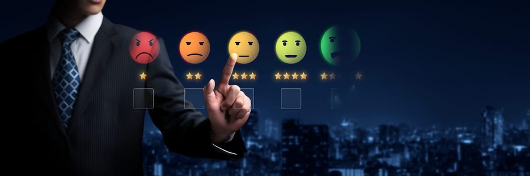 Business person analyzes customer experience satisfaction review data, striving to improve service quality. Leveraging reviews to enhance customer satisfaction and loyalty. FaaS