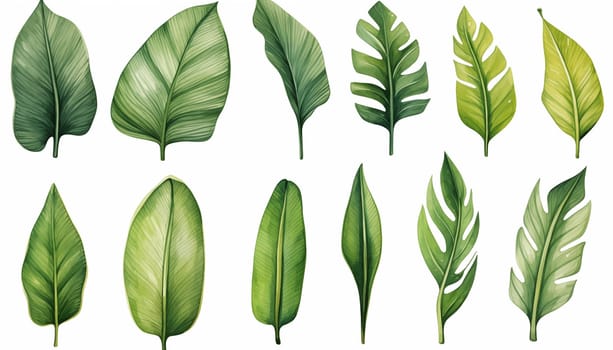 Watercolor drawing set of tropical leaves banana. High quality photo