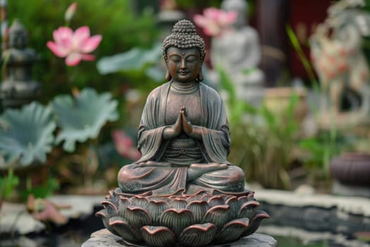 Big stone Buddha statue with lotus flowers outdoors in nature. ai generated