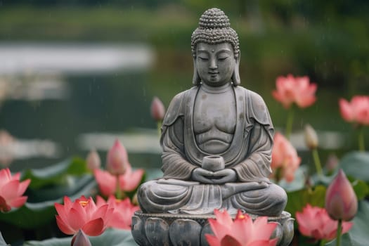 Big stone Buddha statue with lotus flowers outdoors in nature. ai generated