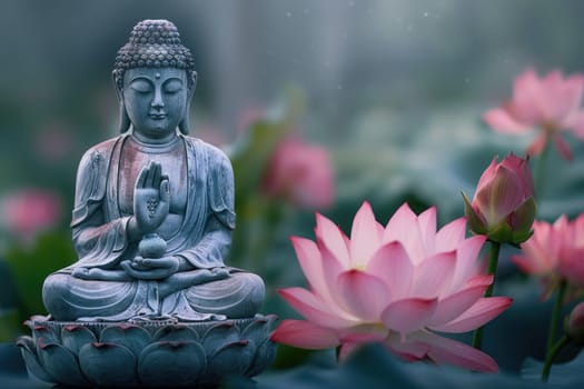 Big stone Buddha statue with lotus flowers outdoors in nature. ai generated