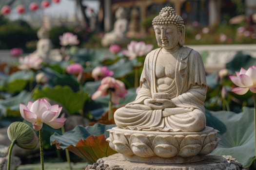 Big stone Buddha statue with lotus flowers outdoors in nature. ai generated