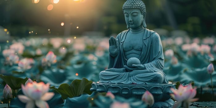 Big stone Buddha statue with lotus flowers outdoors in nature. ai generated
