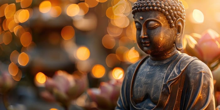 Big stone Buddha statue with lotus flowers outdoors in nature in sunset with beautiful bokeh. ai generated