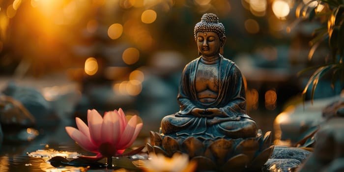 Big stone Buddha statue with lotus flowers outdoors in nature in sunset with beautiful bokeh. ai generated