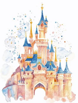 A detailed watercolor painting capturing the majestic architecture of a castle with distinct turrets against a scenic backdrop.