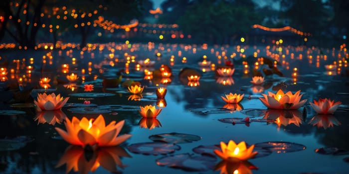 Vesak holiday. lotus flowers outdoors in nature in sunset with beautiful bokeh. ai generated