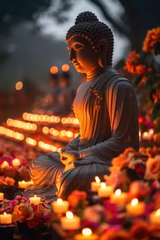 Vesak holiday. Big stone Buddha statue with lotus flowers outdoors in nature in sunset with beautiful bokeh. ai generated