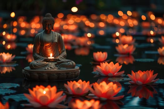 Vesak holiday. Big stone Buddha statue with lotus flowers outdoors in nature in sunset with beautiful bokeh. ai generated