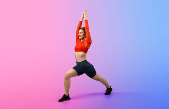 Full body length gaiety shot athletic and sporty woman doing healthy and meditative yoga exercise workout posture on isolated background. Healthy active and body care lifestyle