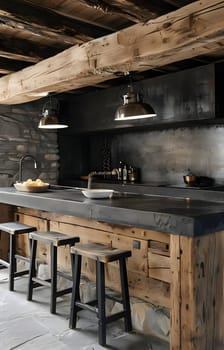 A kitchen with a long hardwood counter made of wood planks, accompanied by wooden stools. The wood stain adds warmth to the building material