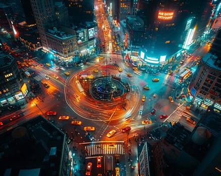 Time-lapse photography of busy intersection at night, illustrating urban life and motion.