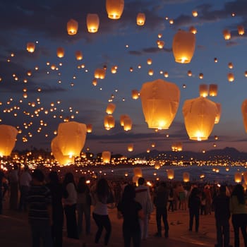 A large group of chinese flying lanterns in night sky. ai generated