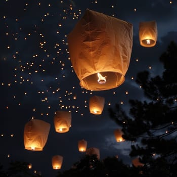 A large group of chinese flying lanterns in night sky. ai generated