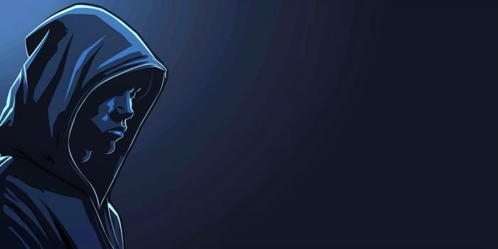 Portrait of a hooded thief on the left side isolated on the dark blue background with copy space, crime concept