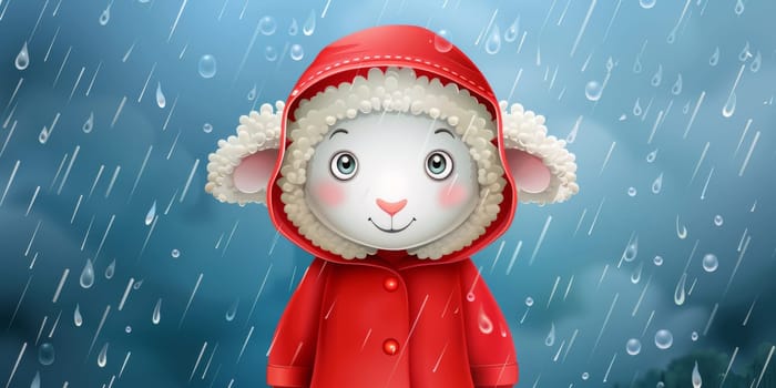 Sheep wearing red raincoat with a raindrops as background
