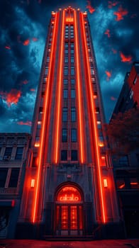 Classic Art Deco Facades on Historic Building, illuminated with neon lights.