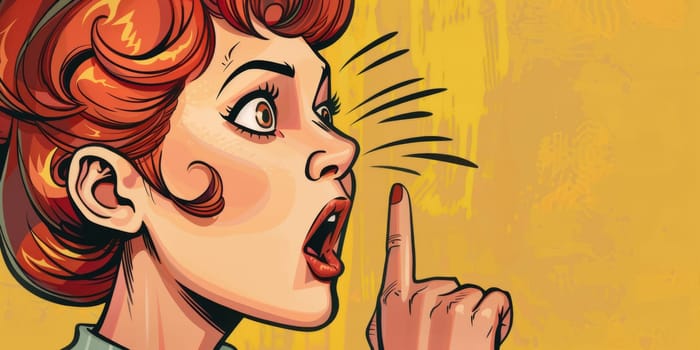 Pop art style, woman shows gesture to be quiet, shut up