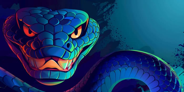 Portrait of angry snake isolated on the dark blue and green background with copy space