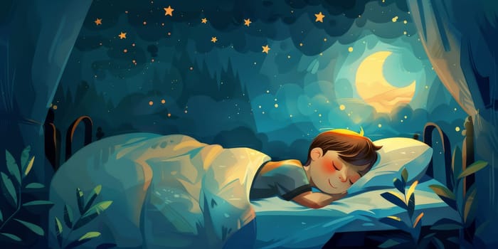 Young man contentedly sleeping in bed during night, deep sleep, healthcare concept