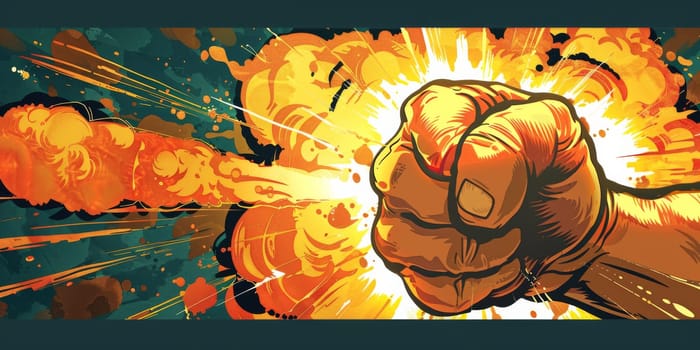 A strong punch, close up of a hand with explosion effects around