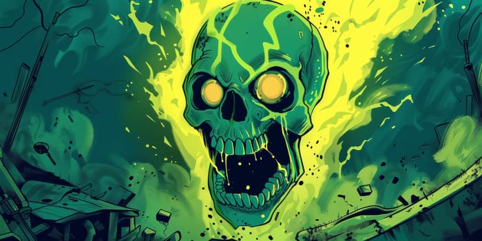 Fiery skull by nuclear radioactive, dangerous radiation