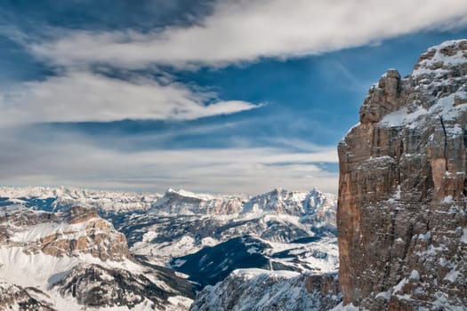 Dolomites aerial sky view in winter