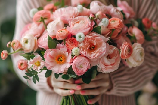 International Women's Day. woman holding beautiful pink spring bouquet of flowers . ai generated