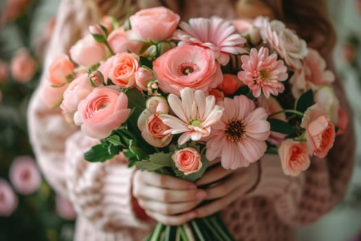 International Women's Day. woman holding beautiful pink spring bouquet of flowers . ai generated