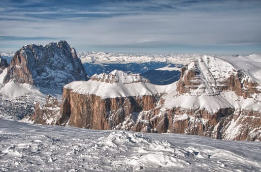 Pordoi mountains in dolomites on winter time