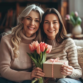 Happy mother's day! grown up daughter congratulates mom and gives her flowers. Mum and daughter smiling and hugging. Family holiday and togetherness. ai generated