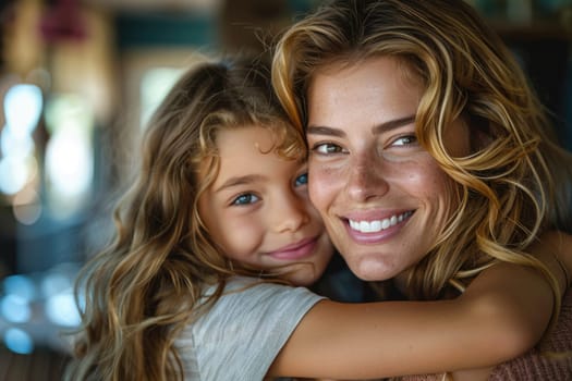 Happy mother's day! Child daughter congratulates mom and gives her flowers. Mum and girl smiling and hugging. Family holiday and togetherness. ai generated