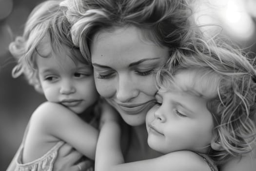 Happy mother's day! Child daughter congratulates mom and gives her flowers. Mum and girl smiling and hugging. Family holiday and togetherness. ai generated