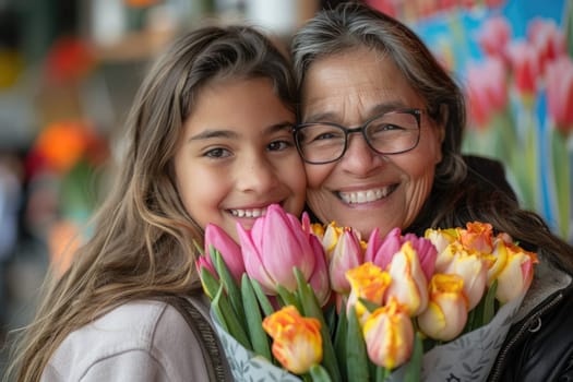 Happy mother's day! Child daughter congratulates mom and gives her flowers. Mum and girl smiling and hugging. Family holiday and togetherness. ai generated