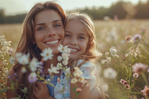 Happy mother's day! Child daughter congratulates mom and gives her flowers. Mum and girl smiling and hugging. Family holiday and togetherness. ai generated