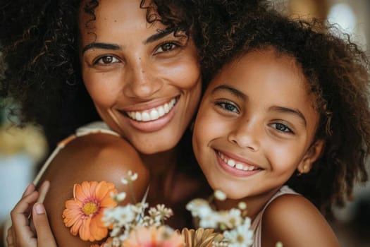 Happy mother's day! Child daughter congratulates mom and gives her flowers. Mum and girl smiling and hugging. Family holiday and togetherness. ai generated