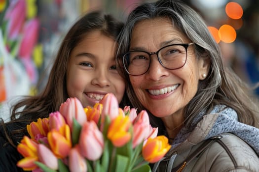 Happy mother's day! Child daughter congratulates mom and gives her flowers. Mum and girl smiling and hugging. Family holiday and togetherness. ai generated