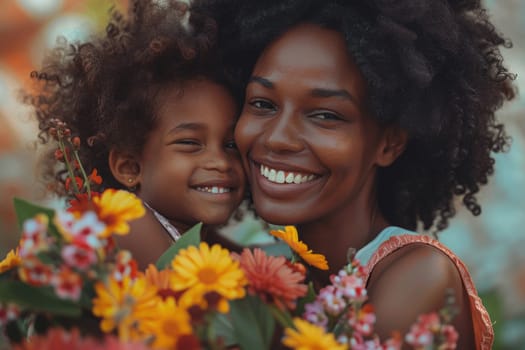 Happy mother's day! Child daughter congratulates mom and gives her flowers. Mum and girl smiling and hugging. Family holiday and togetherness. ai generated