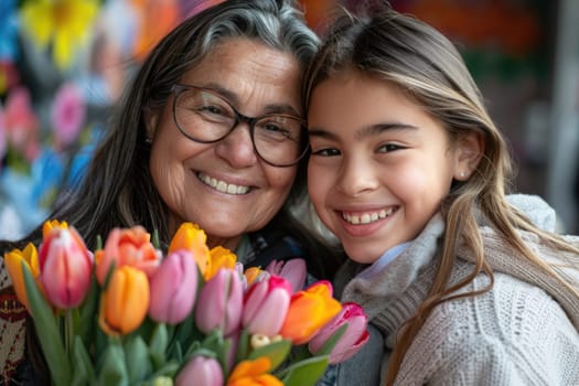 Happy mother's day! Child daughter congratulates mom and gives her flowers. Mum and girl smiling and hugging. Family holiday and togetherness. ai generated