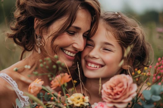 Happy mother's day! Child daughter congratulates mom and gives her flowers. Mum and girl smiling and hugging. Family holiday and togetherness. ai generated