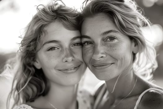 Happy mother's day! Child daughter congratulates mom and gives her flowers. Mum and girl smiling and hugging. Family holiday and togetherness. ai generated